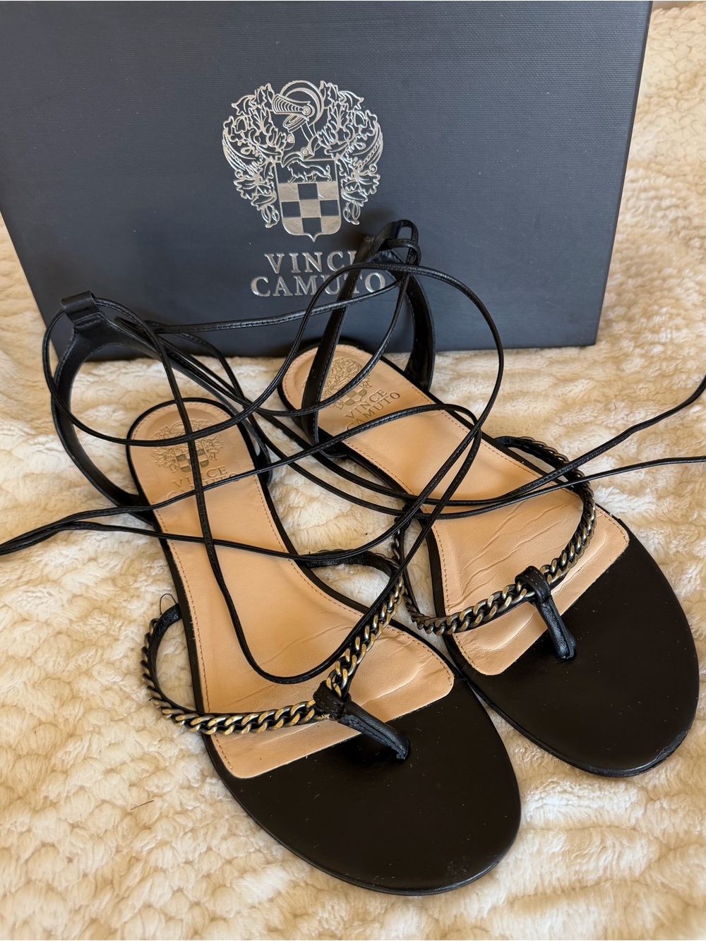 Vince Camuto Black Leather Lace-Up Sandals with Gold Chain Detail